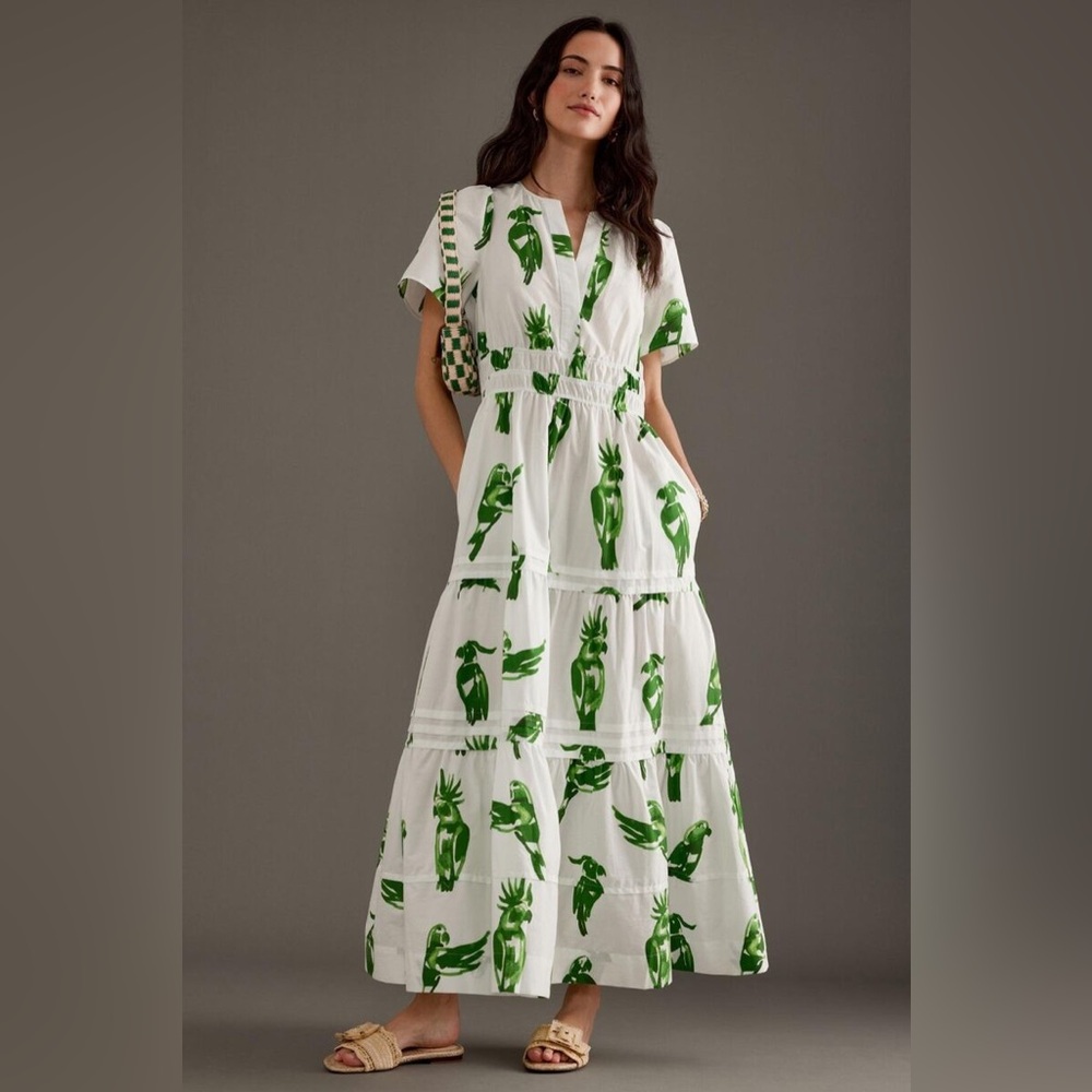 NWT Anthropologie Somerset Maxi Dress Watercolor Green Parrot Bird Pattern 1X